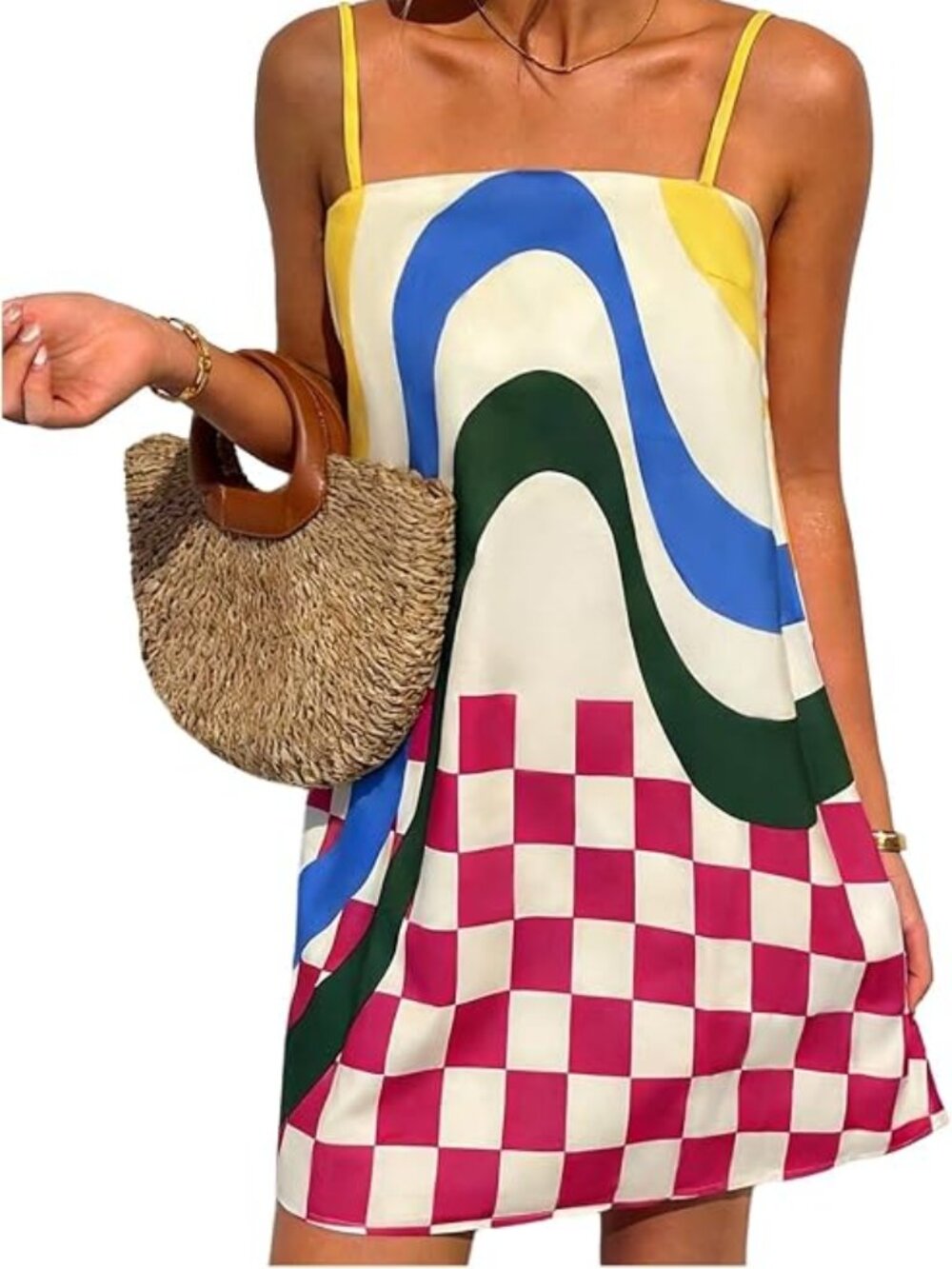 Women's Color Block Cami Dress Checker Print Mini Dresses - NWOT - M